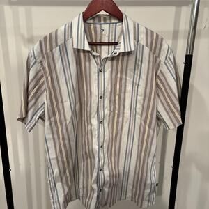 KUHL Short Sleeve Snap-Button Shirt – XL Striped Tan Ivory Blue